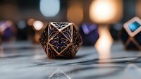 Bronze metallic polyhedral dice with intricate geometric patterns on marble surface against blurred warm bokeh background, close-up macro photography for gaming concept.