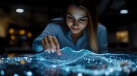 Young Caucasian woman interacting with glowing blue holographic wave visualization on dark table, creating futuristic technology atmosphere with dramatic lighting.