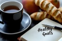 Cup of black coffee with notebook showing healthy goals text, fresh croissants and apple on wooden table, morning wellness and lifestyle planning concept.