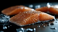 Fresh raw salmon fillets with water drops on dark surface, dramatic lighting highlights natural texture and omega-rich meat in culinary setting.