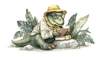 Watercolor dinosaur wearing glasses and safari outfit reading book among tropical leaves, sitting on rocks. Educational children illustration for learning concepts.