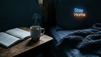 Cozy bedroom scene with steaming coffee cup, open book on wooden table, knit blanket, and glowing neon Stay Home sign in dark ambiance.
