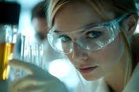 Young female scientist with blonde hair and blue eyes wearing clear protective eyewear in laboratory setting with test tubes and chemical solutions for research, healthcare, and education.