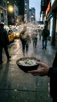 Street vendor holding steaming bowl of Asian noodle soup on busy urban sidewalk at dusk with yellow taxi and pedestrians in blurred background. Food service.