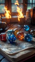 Colorful translucent gaming dice scattered on ancient book pages with warm candlelight creating atmospheric tabletop RPG dungeon master setup for fantasy adventures.