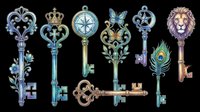 Vintage ornamental keys collection with decorative crowns, compass, butterfly, star, lion head, and peacock feather designs. Isolated on transparent background, ready for t-shirt designs, clipart, stickers, sublimation, and print-on-demand products.