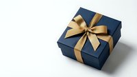 Navy blue gift box with elegant golden satin ribbon bow on white background, isolated for holiday, birthday, or luxury packaging design.