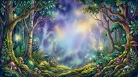 Enchanted forest clearing with glowing magical light, mystical trees with ornate bark, ethereal atmosphere, fantasy woodland landscape for fantasy art, game design, book illustrations, and digital media projects.
