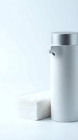 Modern white automatic soap dispenser with stack of tissues on clean minimalist background for hygiene and bathroom design concepts.