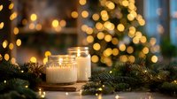 Glowing candles with pine branches against blurred Christmas tree lights creating cozy festive atmosphere for holiday celebrations.