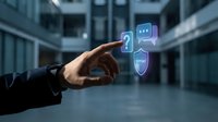 Businessman hand touching digital security icons with shield, lock and chat symbols in modern office corridor for cybersecurity and data protection concepts.