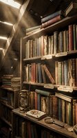 Vintage library interior with old books on wooden shelves, antique lantern and magnifying glass creating atmospheric scholarly environment for education content.