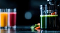 Fresh green vegetable juice in glass with orange and red smoothies blurred in background on dark counter, healthy detox drinks and wellness concept.