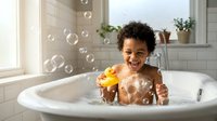 Happy mixed-race toddler boy playing with yellow rubber duck toy in bathtub surrounded by soap bubbles in bright modern bathroom during bath time.