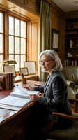 Senior businesswoman with gray hair and glasses reviewing documents at wooden desk in traditional office with green curtains and bookshelves.