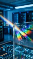 Prism refracting rainbow light spectrum through glass in modern server room with data center technology and digital network infrastructure background.