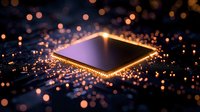 Glowing computer processor chip with orange light particles and bokeh effects on dark background, modern technology concept for semiconductor industry.