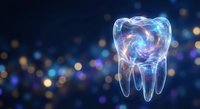 Futuristic glowing tooth with swirling energy patterns and light effects on dark blue bokeh background for dental technology and healthcare concepts.