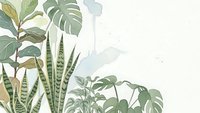 Tropical houseplants with monstera leaves and snake plant on neutral watercolor background for modern interior design and botanical decor projects.