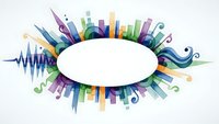 Colorful abstract burst with white oval frame featuring dynamic geometric shapes, sound waves and flowing elements for creative design projects.