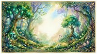 Enchanted forest portal with mystical trees, glowing light, and ornate Celtic border frame for fantasy storytelling and magical themed designs.