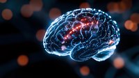 Glowing digital brain with red and blue light effects on dark background with bokeh lights, representing artificial intelligence and neural networks.