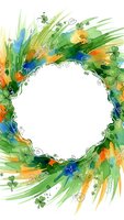 Watercolor shamrock clover frame with green blue orange paint splashes and decorative swirls on white background for St Patricks Day design projects.