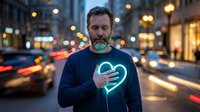 Middle-aged Caucasian man with beard holding glowing heart symbol on urban street at night with bokeh lights and traffic trails in background.