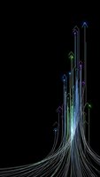 Glowing neon arrows rising upward from flowing lines on black background representing growth, progress and success in business and technology.