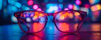 Stylish eyeglasses on dark reflective surface against vibrant bokeh background with neon pink and blue lights, perfect for optical store advertising or vision care concepts.