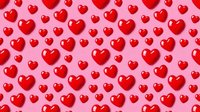 Red glossy hearts of varying sizes scattered across a pink background, creating a seamless repeating pattern suitable for Valentine's Day designs, romantic backgrounds, and festive decorations.