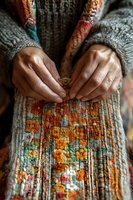 Elderly hands working on colorful knitted textile with intricate floral pattern, showcasing traditional craftsmanship and artisanal skill.