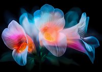 Glowing orchids with translucent petals in pink and coral tones against dark background, creating ethereal luminescent effect with soft blue highlights.
