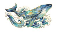 Decorative whales with ornamental swirls and waves in blue, teal, and gold tones, isolated on white background for design projects.