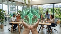 Hands presenting green holographic human resources icon above diverse business team meeting in modern sustainable office environment.