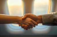 Close-up of business handshake between professionals against blurred airplane window background, symbolizing partnership and agreement in corporate travel setting.