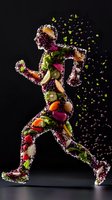 Running silhouette made of fresh vegetables and fruits on black background, creative healthy lifestyle concept for sports nutrition and diet.