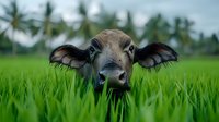 Young curious water buffalo calf peering through tall green grass with palm trees in background, close up portrait showing expressive eyes and wet nose.