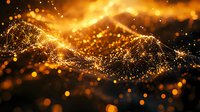 Glowing golden particles and light waves create dynamic network visualization against dark background. Abstract digital technology concept for business presentations.