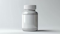 White plastic medicine bottle with blank label on neutral gray background, isolated pharmaceutical container mockup for supplement and vitamin packaging design.