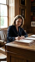Middle-aged Caucasian woman in professional navy blazer writing at wooden desk in elegant library office with leather chair, bookshelves, and natural window light for business, legal, and corporate concepts.