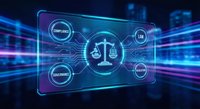 Glowing digital interface with scales of justice and compliance, law, governance, regulation labels on dark blue tech background.
