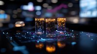 Glowing network connections with illuminated glass cylinders on dark surface, abstract technology concept with bokeh lights and reflections in blue and orange tones.