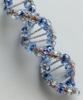 Artistic DNA double helix model made with blue glass beads, crystals and silver wire against neutral background, representing genetic science.