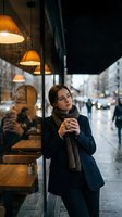 Young Asian woman enjoying hot coffee outside cozy cafe on winter city street wearing navy coat and knitted scarf with warm pendant lighting atmosphere.