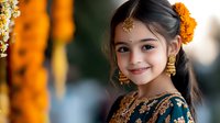 Young South Asian girl wearing traditional teal and gold embroidered dress with marigold flowers and ornate jewelry smiling warmly at traditional cultural celebration.
