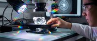 Scientist examining crystal specimen under advanced microscope with holographic display technology in modern laboratory research facility.