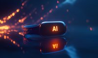 Futuristic AI text glowing on virtual reality headset with orange light particles and reflection on dark background, modern technology concept.