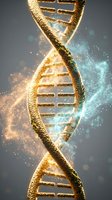 Golden DNA double helix structure with glowing particles and light effects for genetics research, biotechnology and medical science concepts.