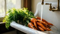 Freshly harvested carrots and leafy greens in white sink under running water from brass faucet, ideal for cooking, nutrition, and organic produce concepts.